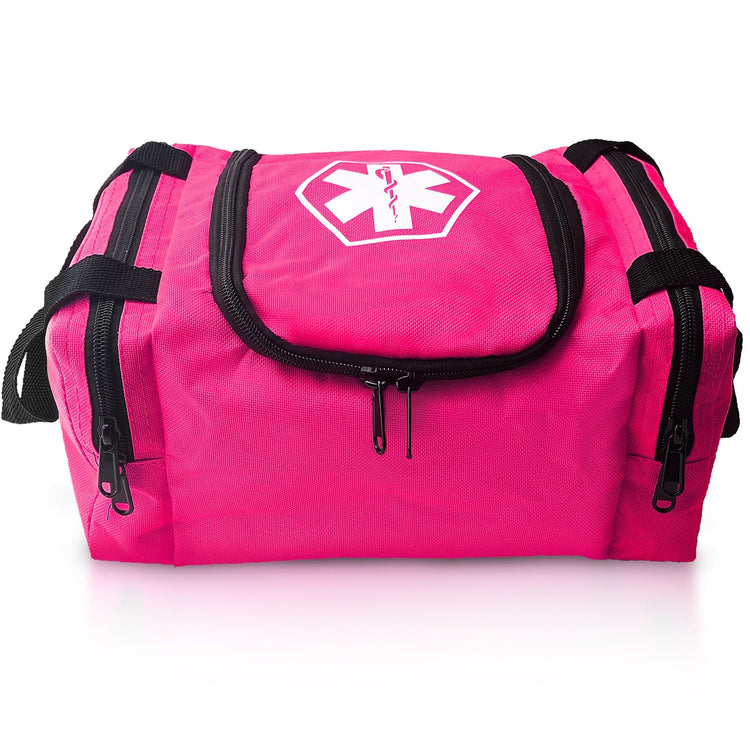 A front view of a pink EMT trauma bag, showing the central main compartment with a dual-zipper opening, two side storage pockets, and a white Star of Life emblem clearly visible on the top lid.