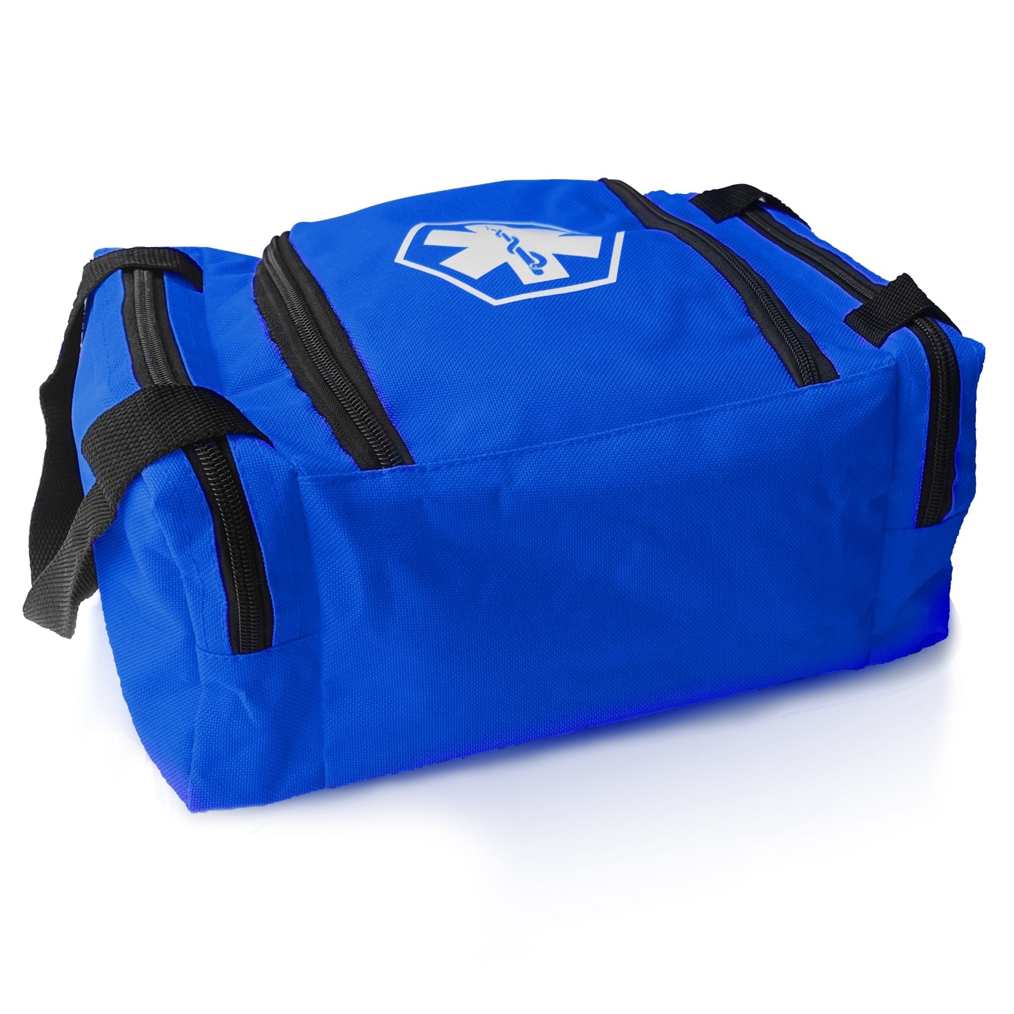 A blue medical first responder bag shown from a side angle, featuring a main zippered compartment with a white Star of Life logo on the top flap, two zippered side pockets, and sturdy black carrying handles.
