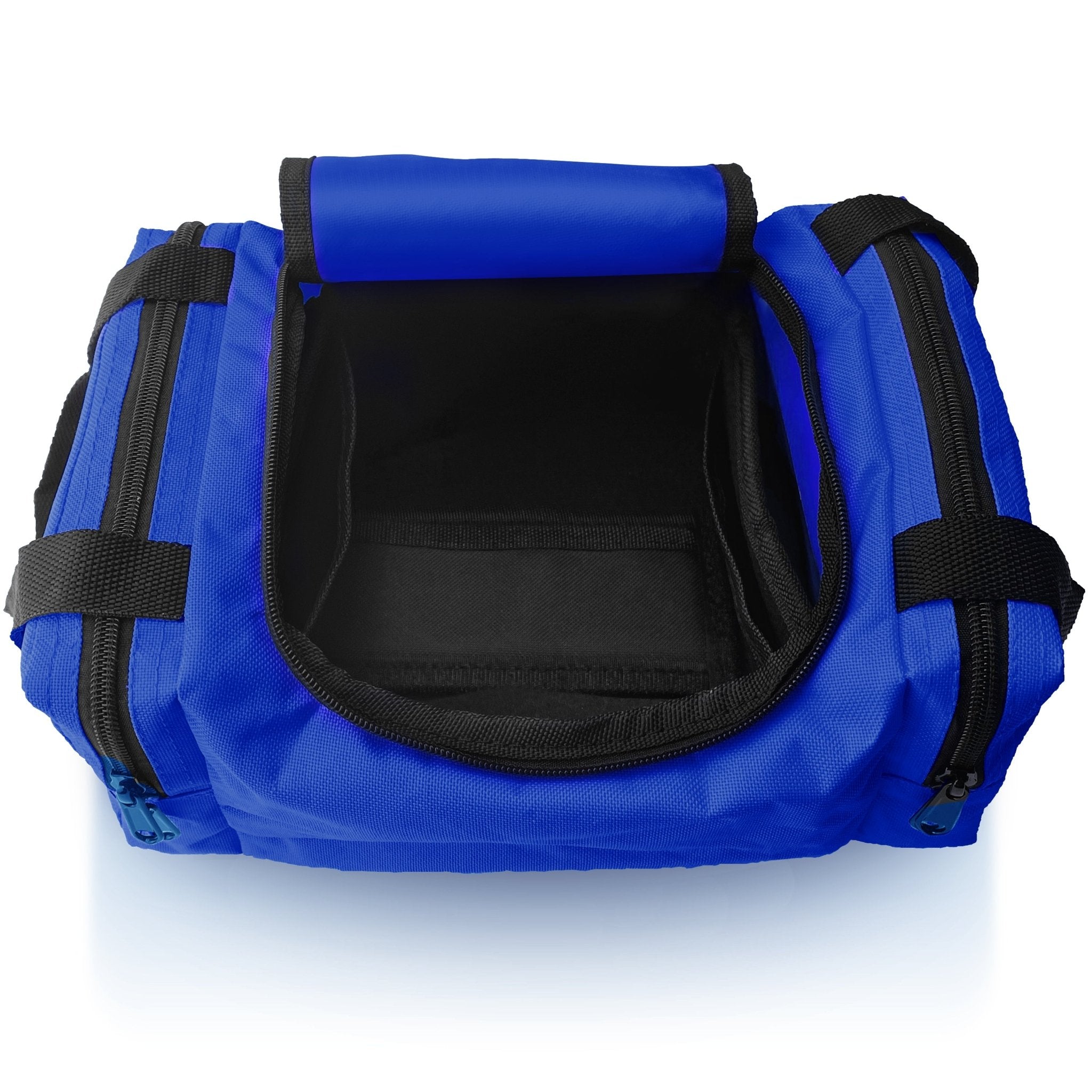 An overhead view of an empty, open blue first aid bag, revealing the black interior lining of the main compartment and the layout for storing medical supplies.