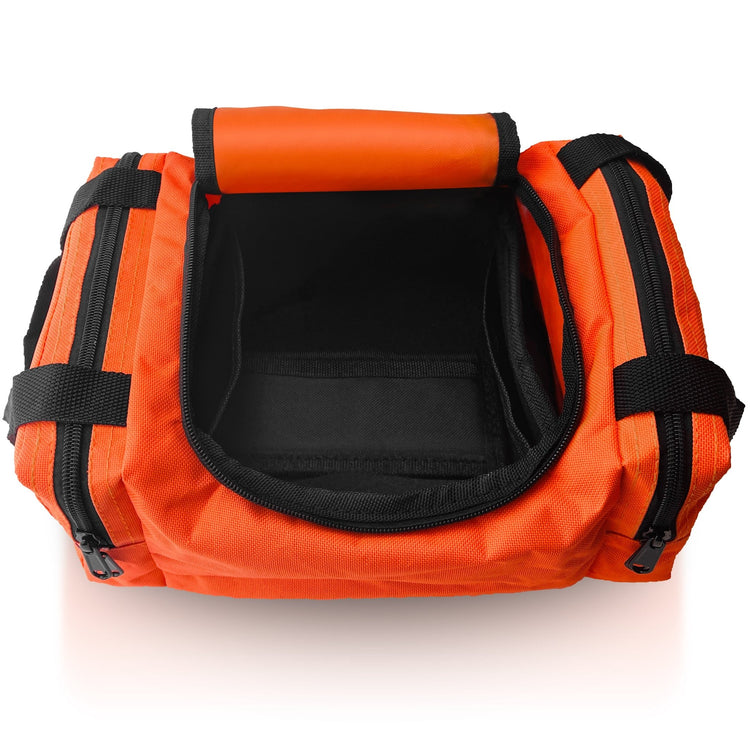 An overhead view of an empty, open orange first aid bag, revealing the black interior lining of the main compartment and the layout for storing medical supplies.