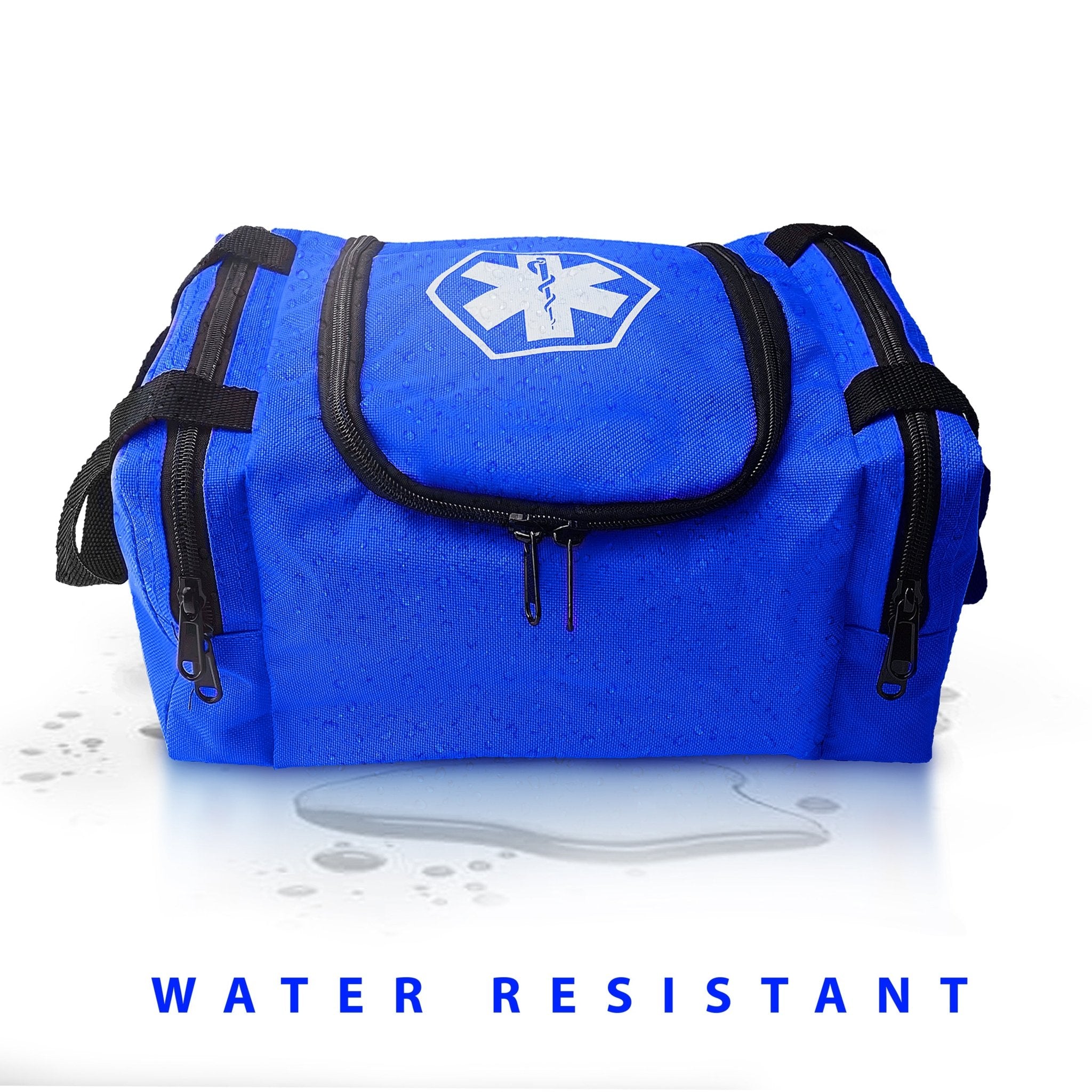 A blue medical bag depicted with water droplets covering its surface to demonstrate the water-resistant properties of the material, accompanied by the text "WATER RESISTANT" at the bottom.