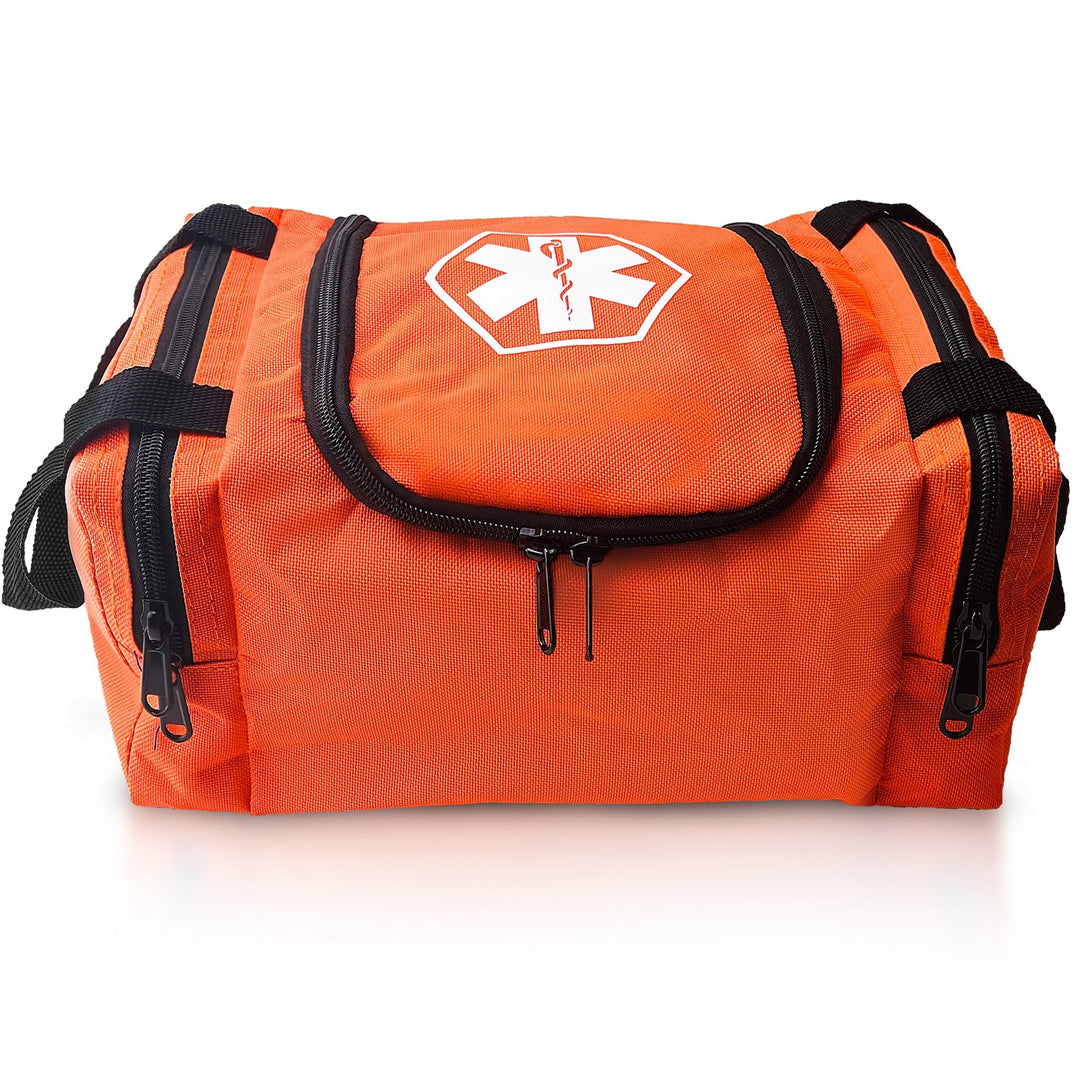 A front view of a orange EMT trauma bag, showing the central main compartment with a dual-zipper opening, two side storage pockets, and a white Star of Life emblem clearly visible on the top lid.