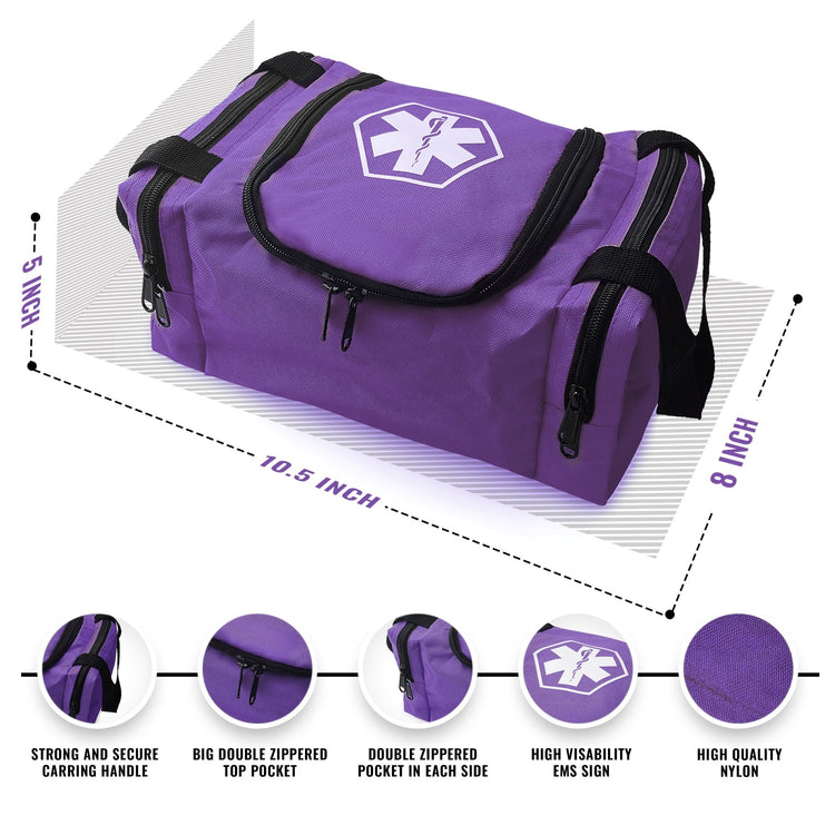 An annotated diagram of a purple EMS trauma bag displaying dimensions of 10.5 inches in length, 8 inches in height, and 5 inches in width, with text callouts highlighting features like the strong carrying handle, double zippered pockets, and high-quality nylon material.