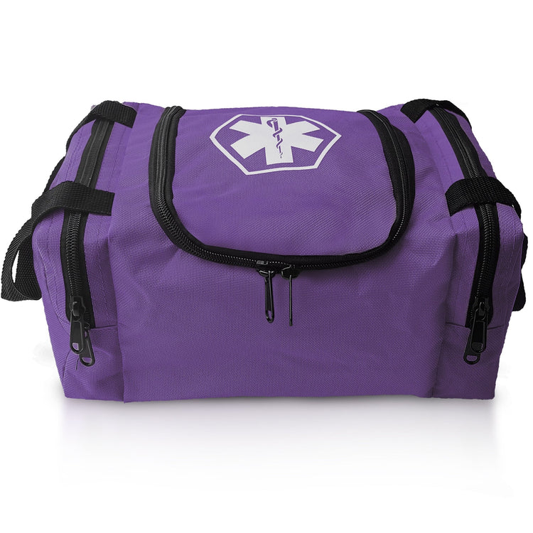 A front view of a purple EMT trauma bag, showing the central main compartment with a dual-zipper opening, two side storage pockets, and a white Star of Life emblem clearly visible on the top lid.