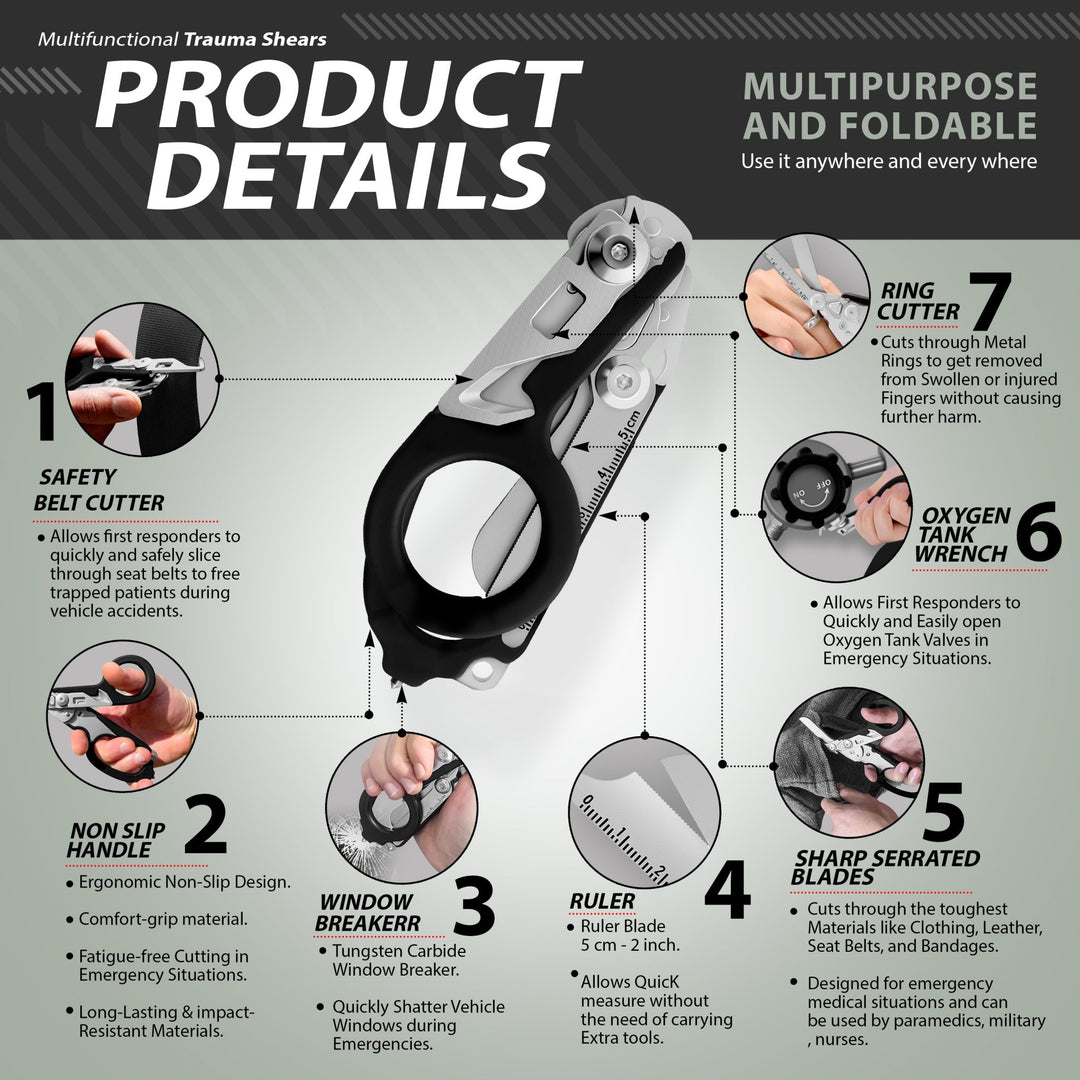 Folding Raptor Rescue Shears - 7-in-1 Tactical Trauma Multitool - ASA TECHMED