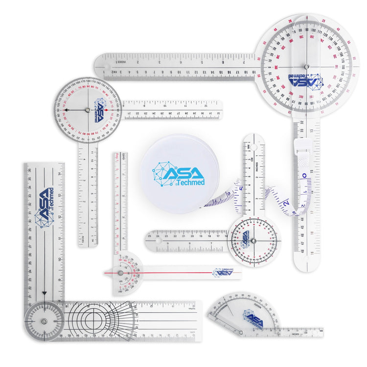 A top-down flat lay display of a complete goniometer kit, featuring one measuring tape and six plastic goniometers ranging from a small finger probe to large 12-inch body rulers.
