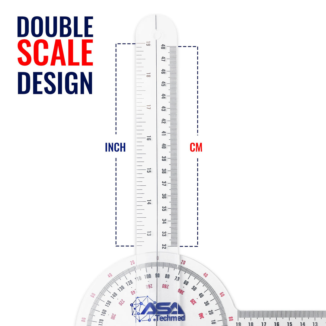 A close-up graphic of a clear plastic goniometer arm, highlighting the "DOUBLE SCALE DESIGN" which features measurement markings in both inches and centimeters alongside the degree scale.