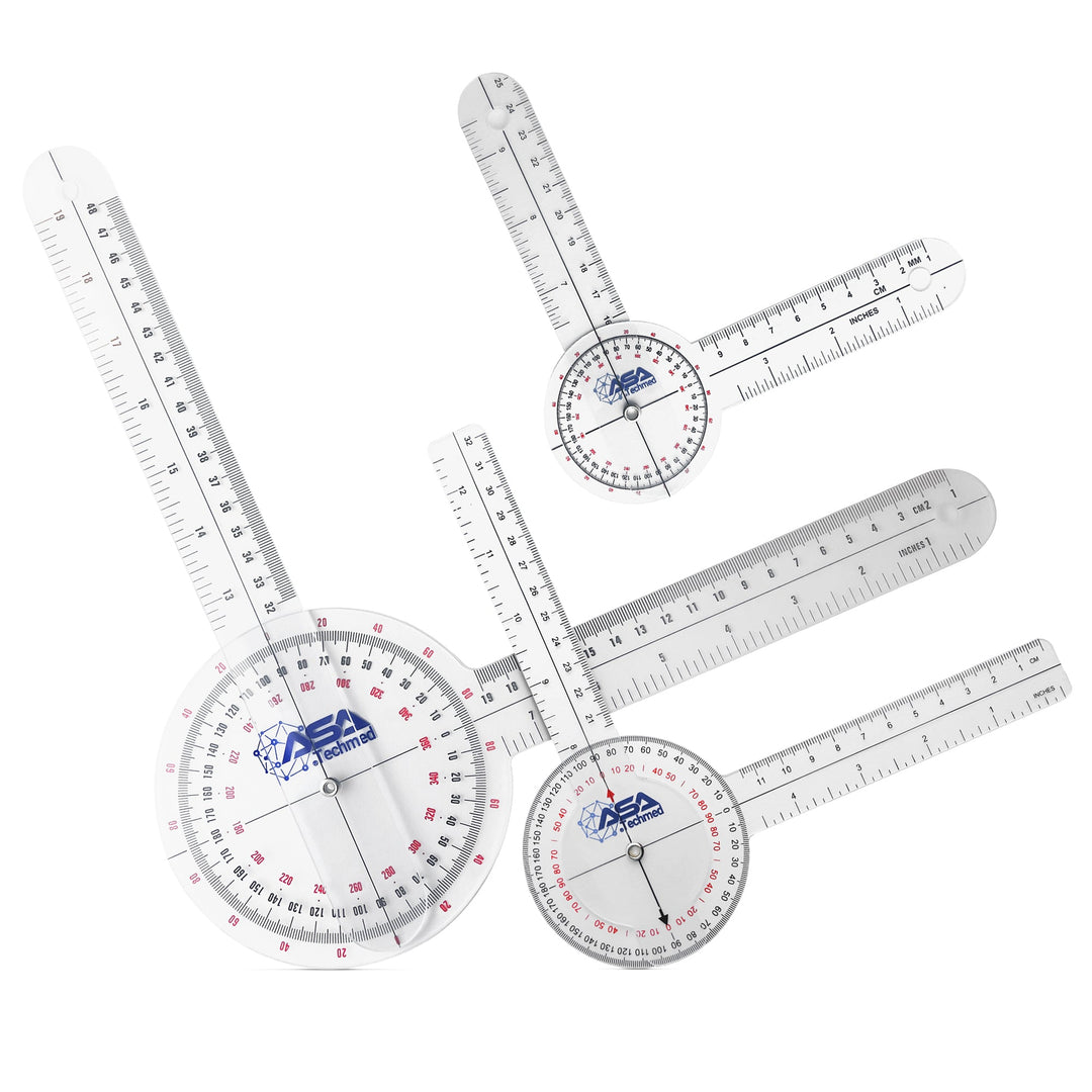 Three clear plastic 360-degree goniometers of different lengths (12 inch, 8 inch, and 6 inch) arranged diagonally to display the degree markings and ruler arms.