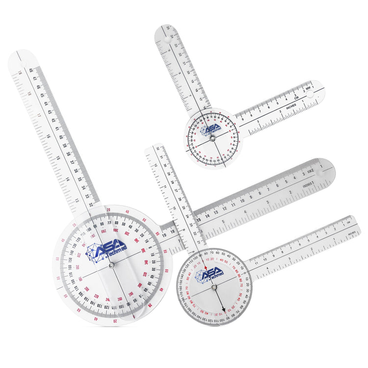 Three clear plastic 360-degree goniometers of different lengths (12 inch, 8 inch, and 6 inch) arranged diagonally to display the degree markings and ruler arms.