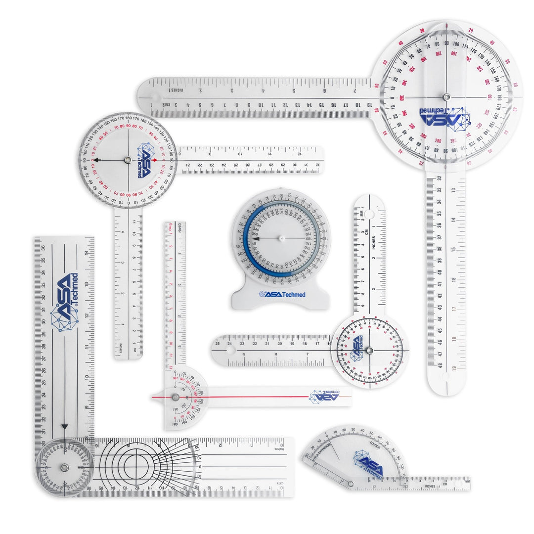 A top-down flat lay display of a complete goniometer kit, featuring one bubble inclinometer and six plastic goniometers ranging from a small finger probe to large 12-inch body rulers.