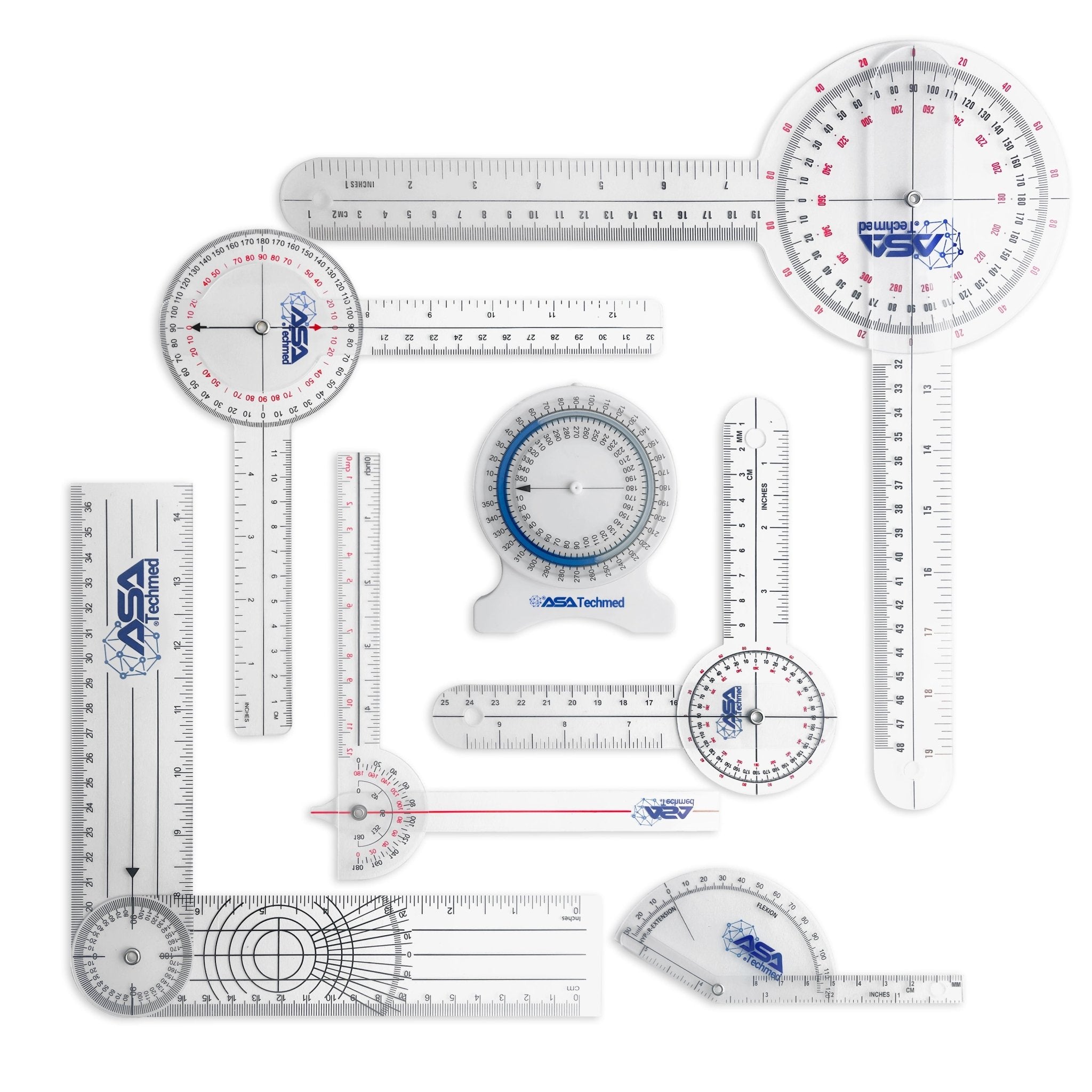 A top-down flat lay display of a complete goniometer kit, featuring one bubble inclinometer and six plastic goniometers ranging from a small finger probe to large 12-inch body rulers.
