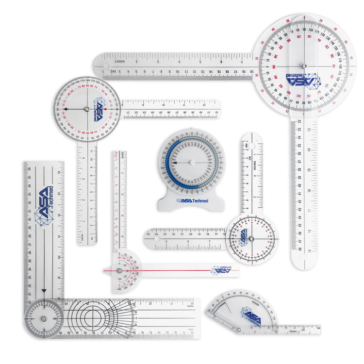 A top-down flat lay display of a complete goniometer kit, featuring one bubble inclinometer and six plastic goniometers ranging from a small finger probe to large 12-inch body rulers.