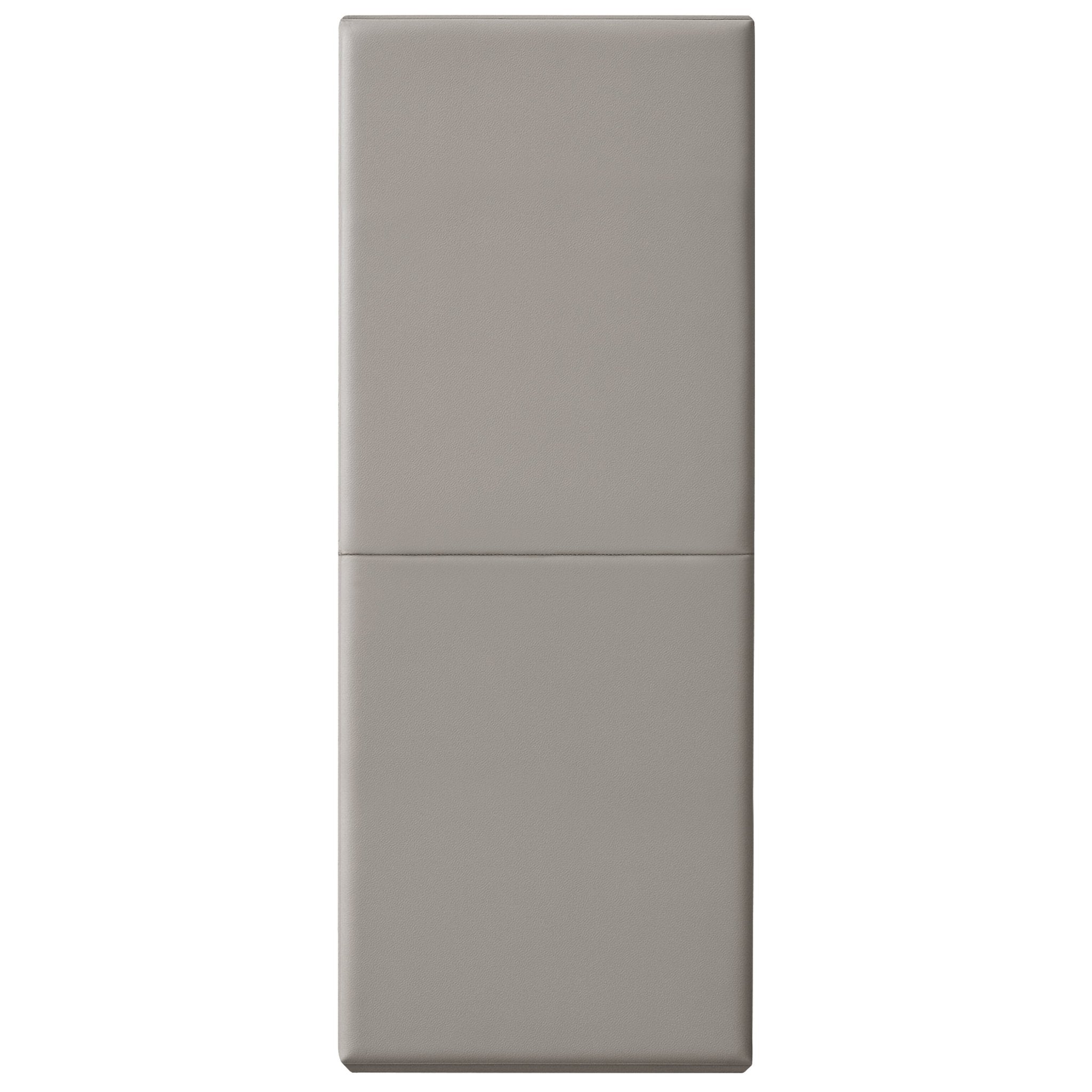 A vertical studio shot of a gray safety wall pad fully extended, showing the smooth vinyl texture and the horizontal crease in the center where the mat folds.