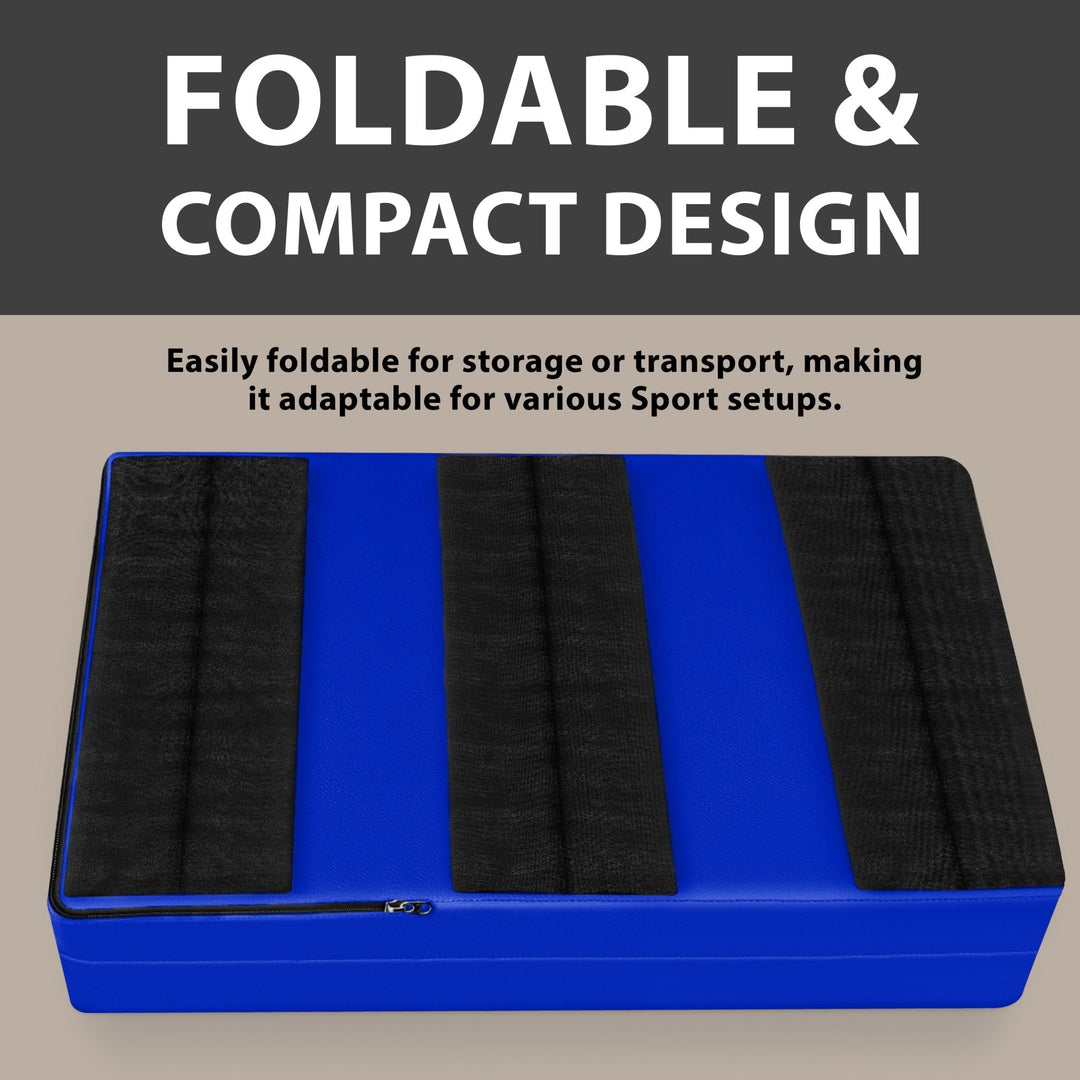 A blue wall pad shown folded flat on the ground, displaying the back side with three wide black hook-and-loop strips for mounting, with text highlighting the "FOLDABLE & COMPACT DESIGN".