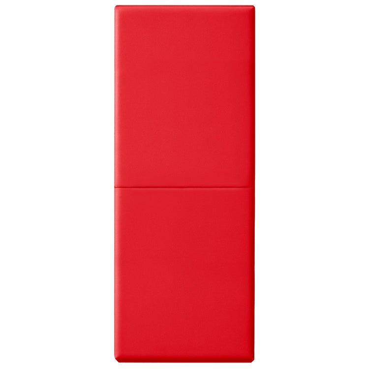 A vertical studio shot of a red safety wall pad fully extended, showing the smooth vinyl texture and the horizontal crease in the center where the mat folds.