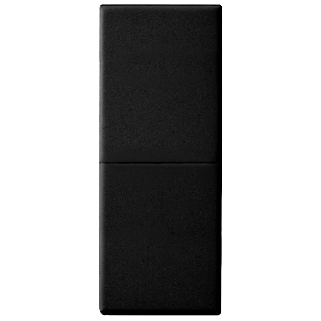 A vertical studio shot of a black safety wall pad fully extended, showing the smooth vinyl texture and the horizontal crease in the center where the mat folds.