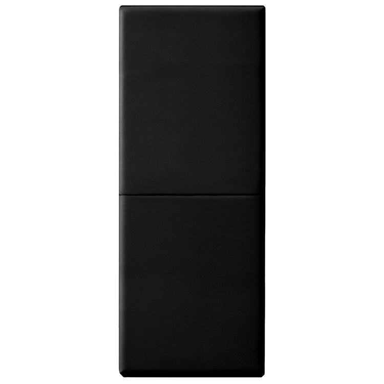 A vertical studio shot of a black safety wall pad fully extended, showing the smooth vinyl texture and the horizontal crease in the center where the mat folds.