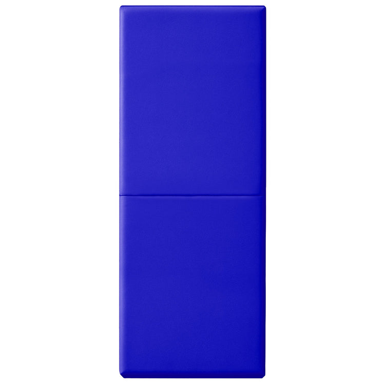 A vertical studio shot of a blue safety wall pad fully extended, showing the smooth vinyl texture and the horizontal crease in the center where the mat folds.