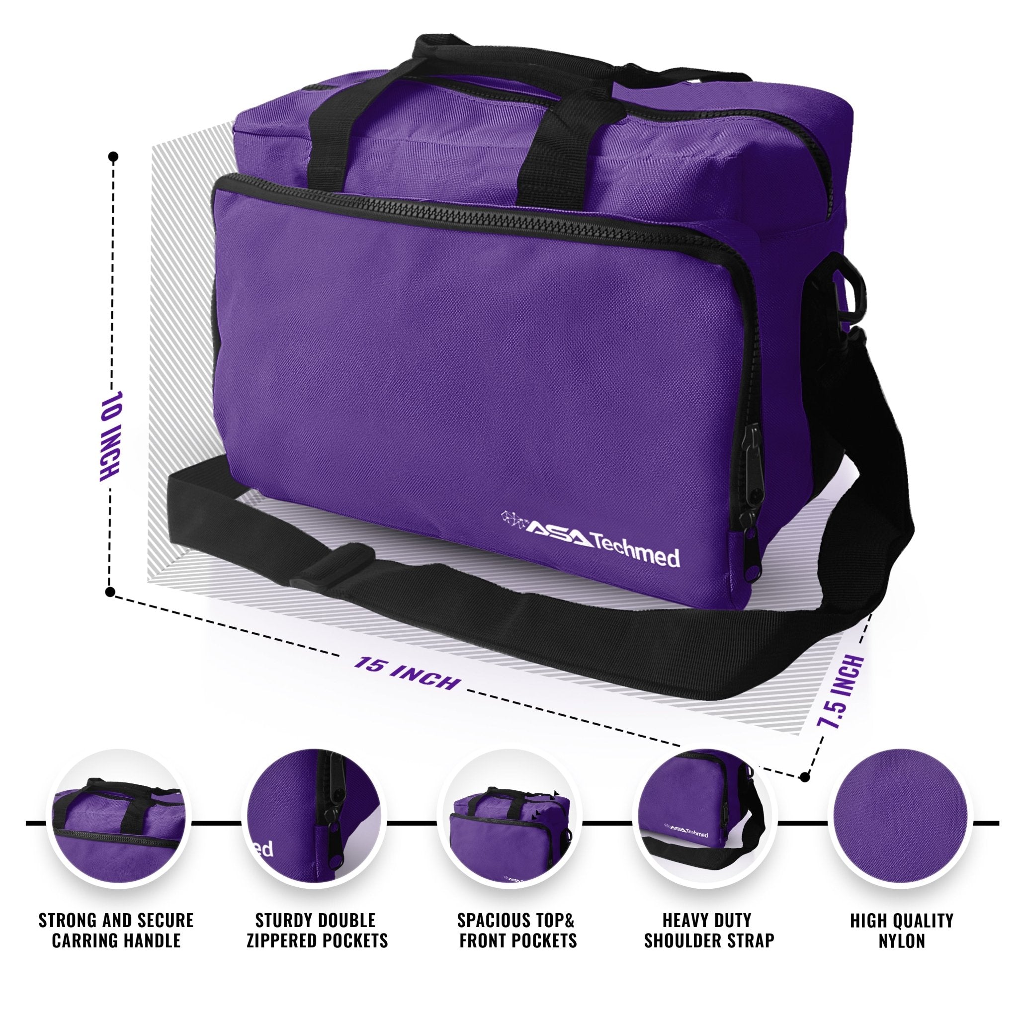 An annotated product diagram of a purple EMT bag displaying dimensions of 10.5 inches in length, 8 inches in height, and 5 inches in width, with text callouts highlighting features like the strong carrying handle and double zippered pockets.