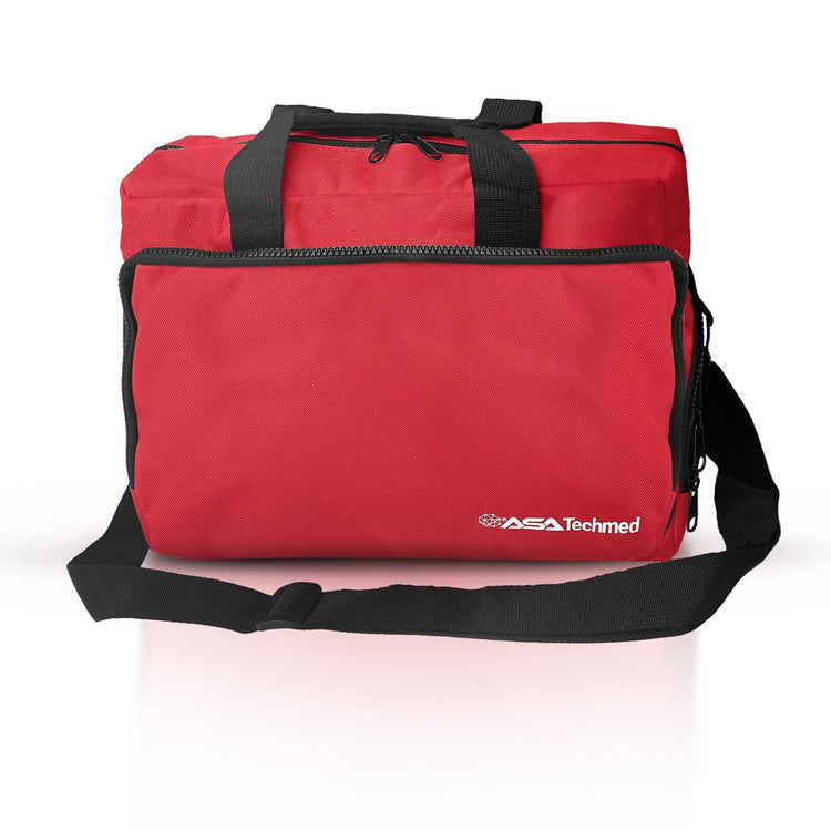 A front-facing view of a red medical bag, clearly showing the white Star of Life emblem on the top flap and the dual-zipper closure system for the main compartment.