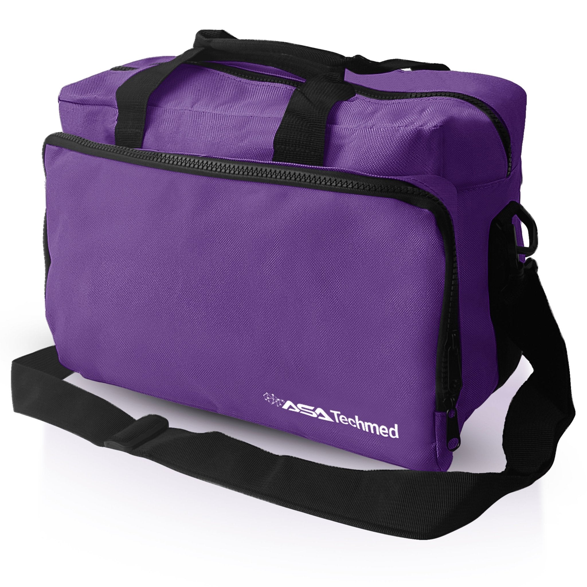 An angled studio shot of the purple first responder bag, showing the adjustable black shoulder strap, side pockets, and the durable fabric construction.