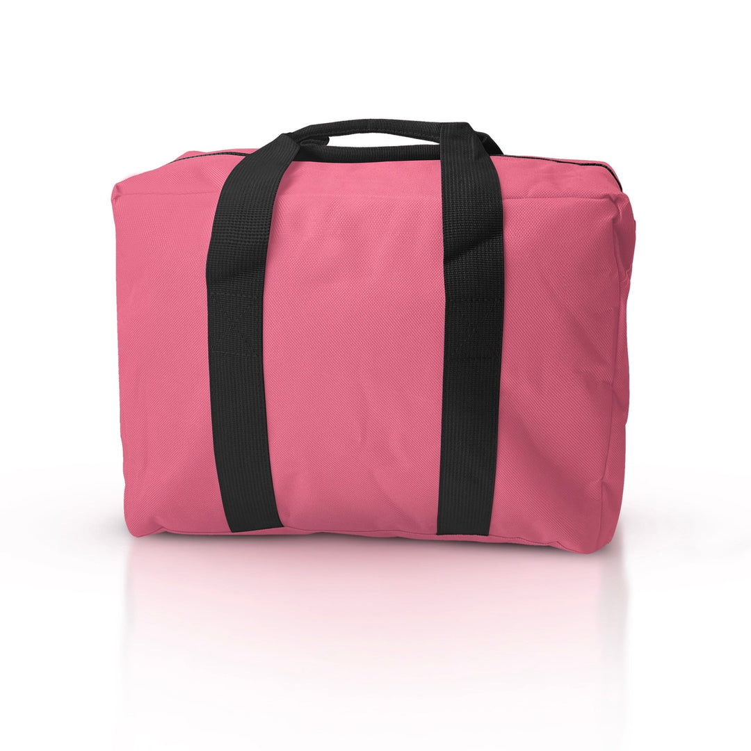 A rear view of a pink first responder trauma bag, displaying the smooth durable nylon surface and reinforced black webbing carry handles stitched down the sides.