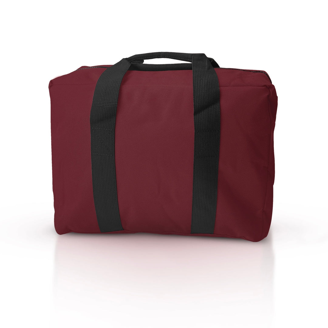A rear view of a burgundy first responder trauma bag, displaying the smooth durable nylon surface and reinforced black webbing carry handles stitched down the sides.