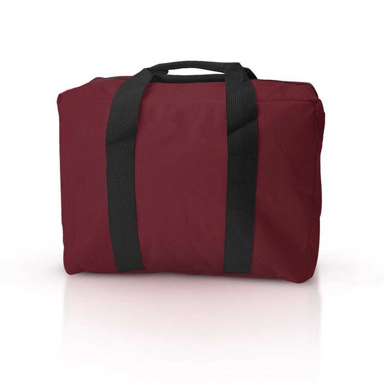 A rear view of a burgundy first responder trauma bag, displaying the smooth durable nylon surface and reinforced black webbing carry handles stitched down the sides.