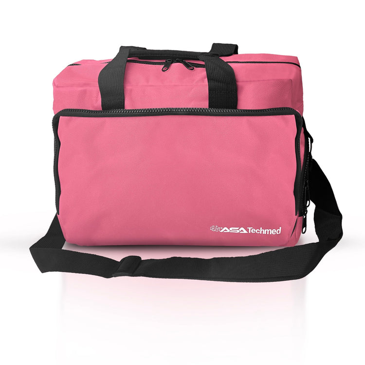 A front-facing view of a pink medical bag, clearly showing the white Star of Life emblem on the top flap and the dual-zipper closure system for the main compartment.