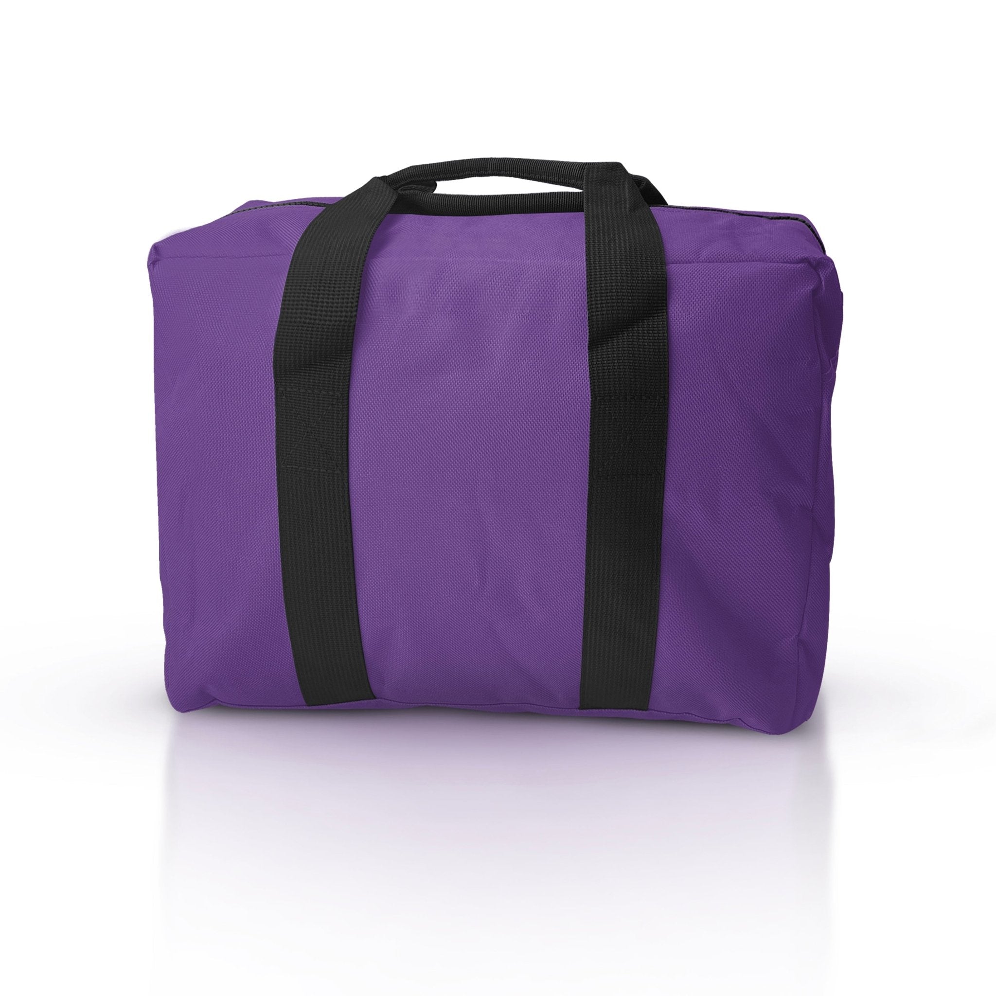 A rear view of a purple first responder trauma bag, displaying the smooth durable nylon surface and reinforced black webbing carry handles stitched down the sides.