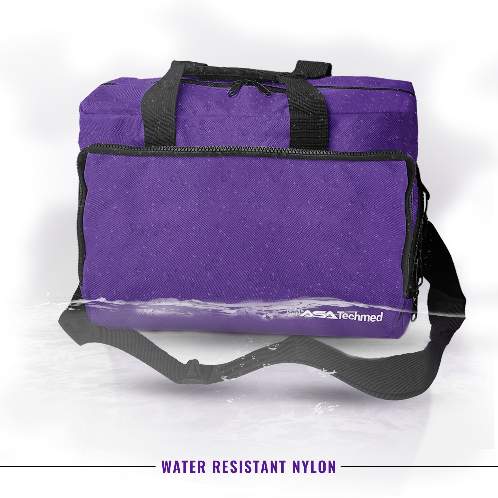 A purple medical bag depicted with water droplets beading on its surface, accompanied by text reading "WATER RESISTANT NYLON" to demonstrate the material's protective properties.