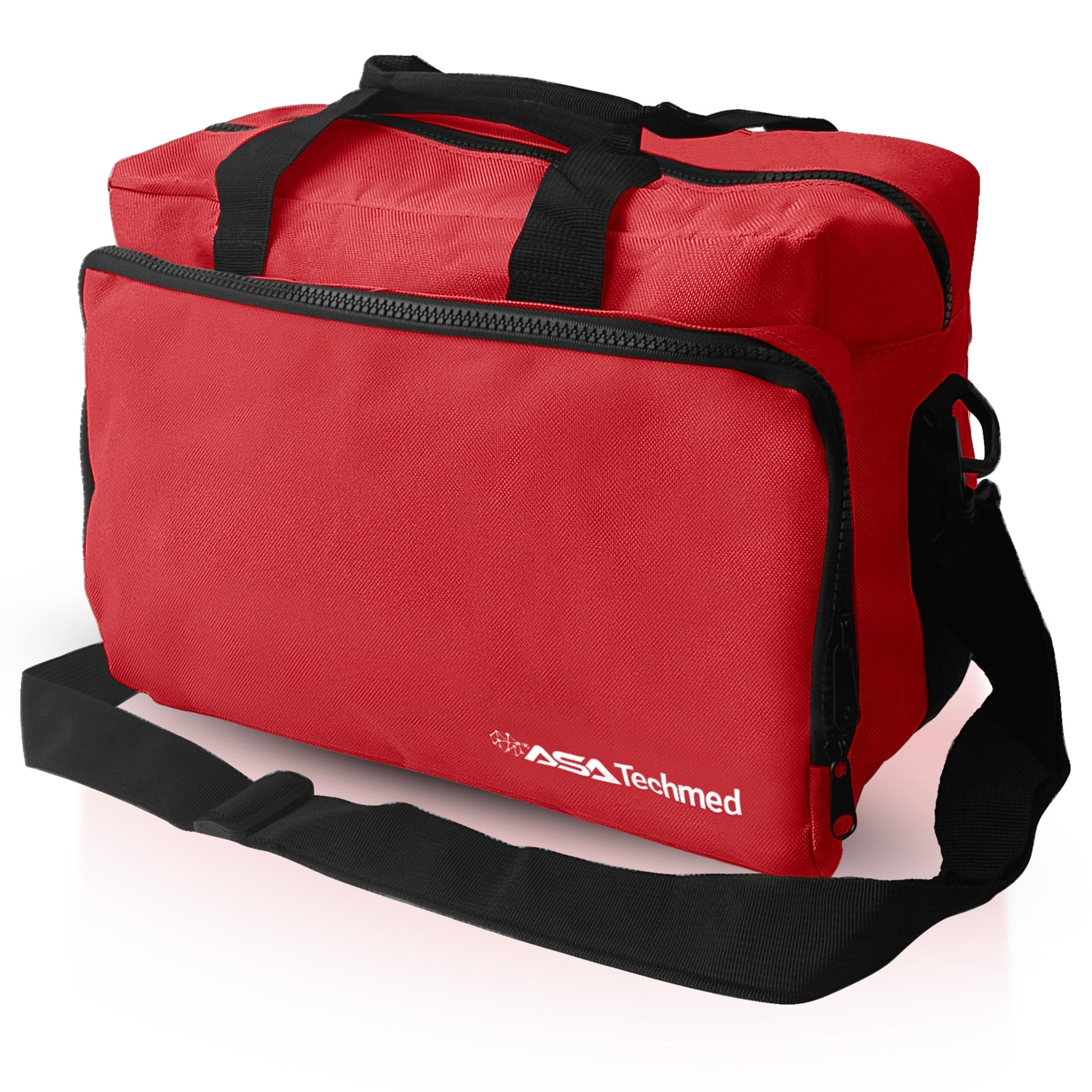 An angled studio shot of the red first responder bag, showing the adjustable black shoulder strap, side pockets, and the durable fabric construction.