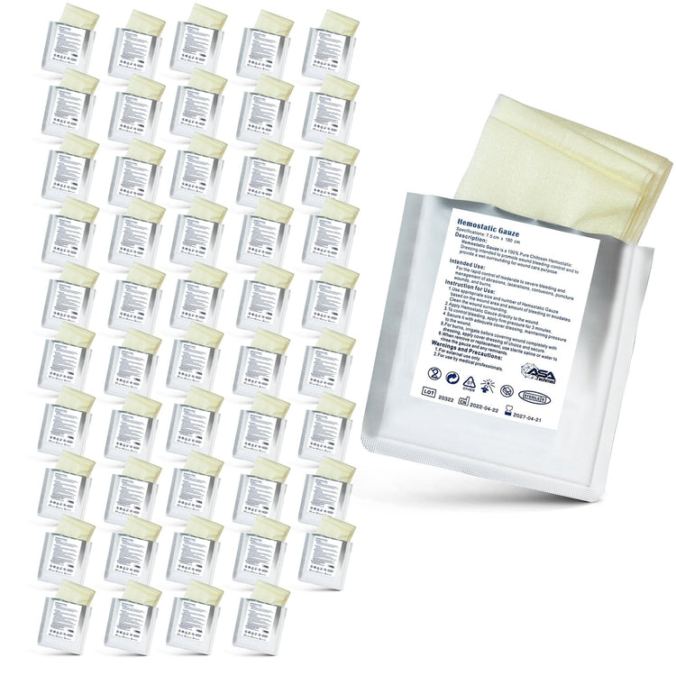 A product display showing a set of 50 hemostatic gauze packets, with one open packet in the foreground showing the dressing and four sealed packets fanned out in the background.