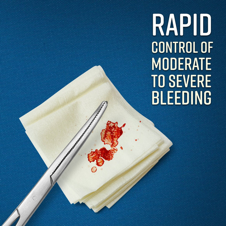A folded square of hemostatic gauze featuring a simulated blood stain and a silver medical hemostat tool, with text stating "RAPID CONTROL OF MODERATE TO SEVERE BLEEDING".