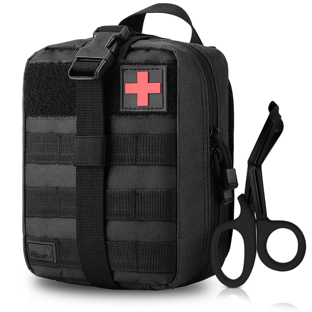 A product shot of a black tactical first aid pouch featuring front Molle webbing and a red cross patch, standing next to a pair of black-handled trauma shears.