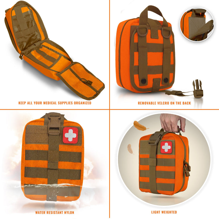 A four-panel feature graphic for a medical pouch, showing the organized interior pockets, the back Molle straps with removable Velcro, the water-resistant nylon exterior, and the top carrying handle.