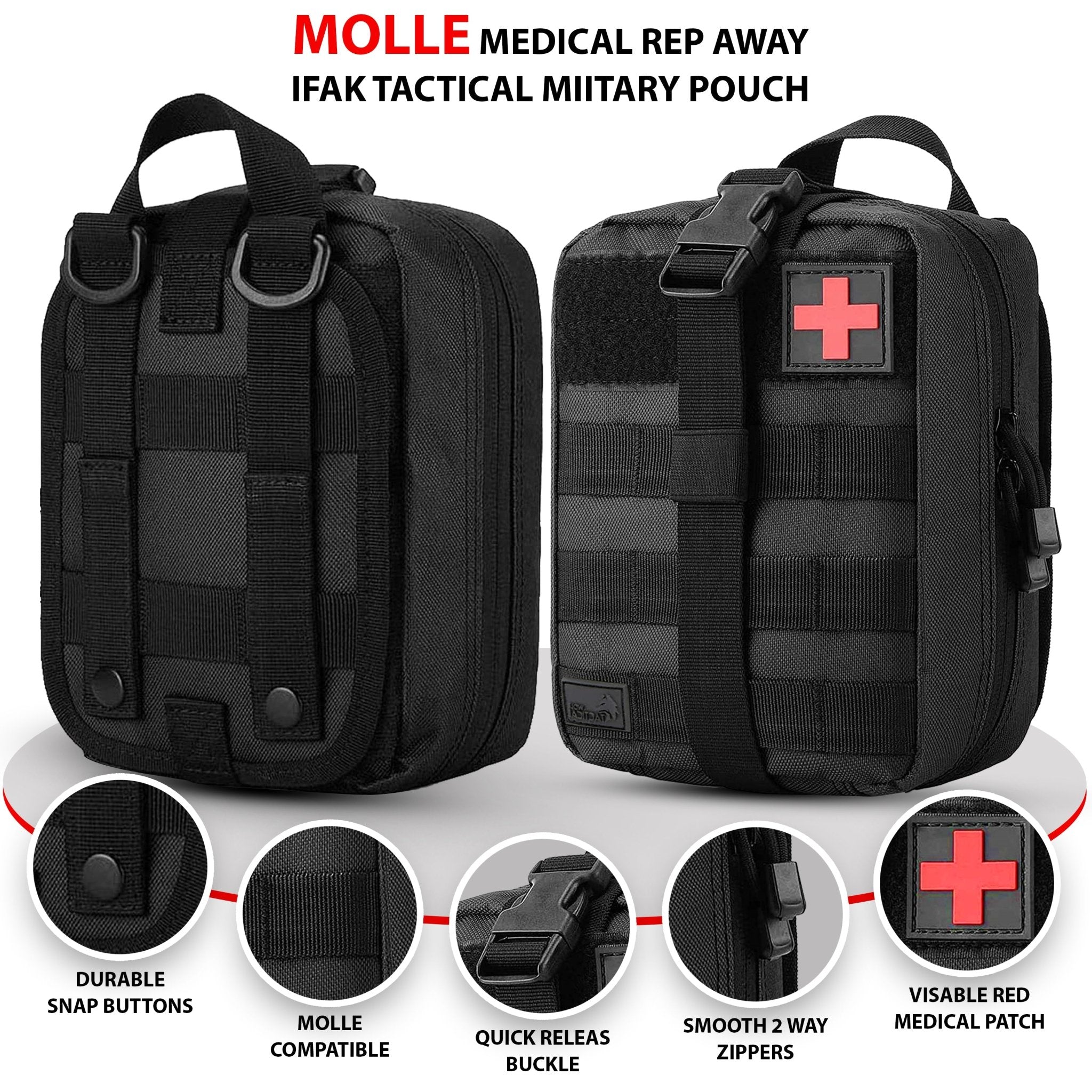 An infographic displaying the front and back of the black IFAK pouch with zoom-in bubbles highlighting the durable snap buttons, Molle compatibility, quick-release buckle, smooth 2-way zippers, and red medical patch.