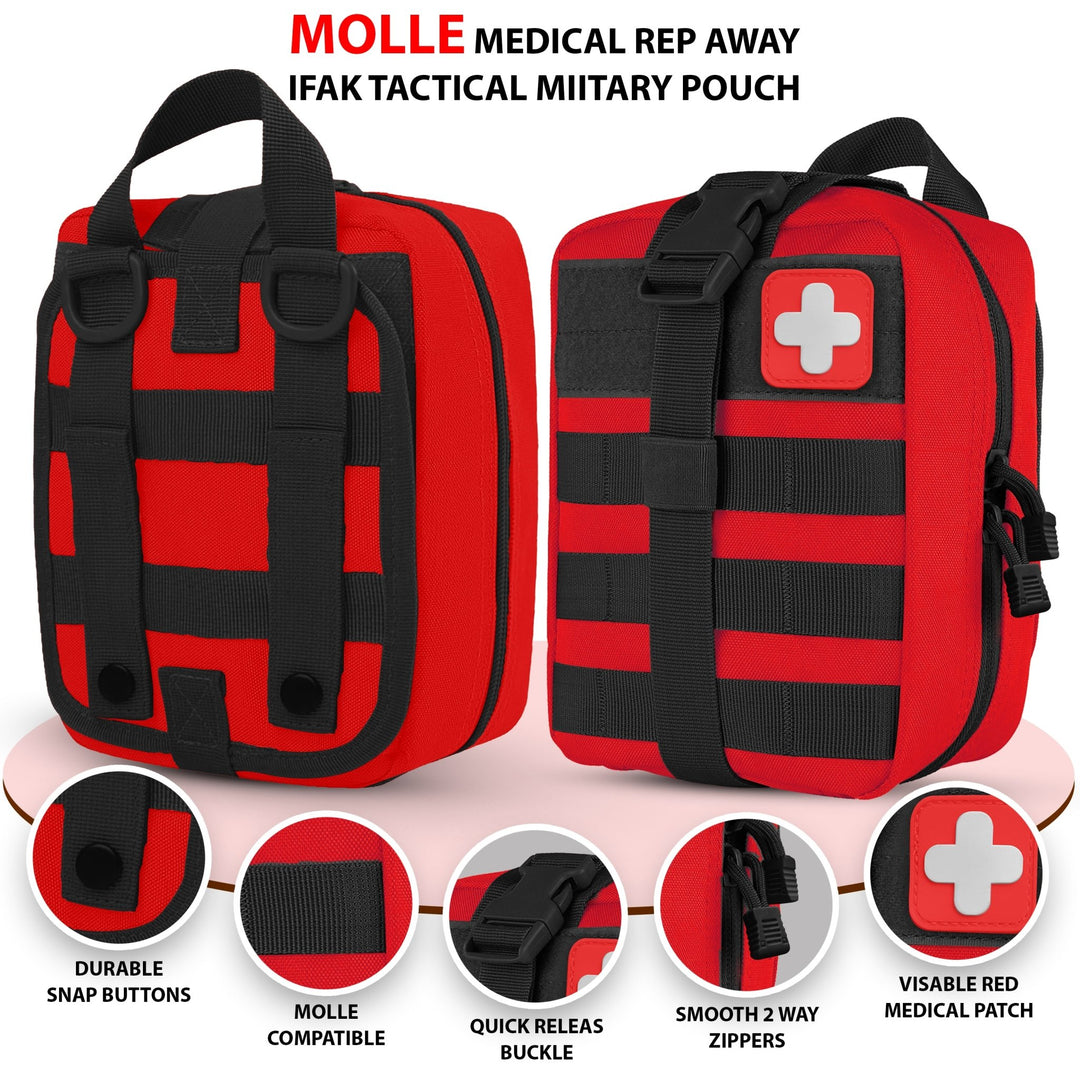An infographic displaying the front and back of the red IFAK pouch with zoom-in bubbles highlighting the durable snap buttons, Molle compatibility, quick-release buckle, smooth 2-way zippers, and red medical patch.