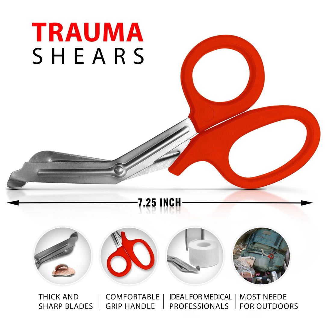 A diagram of red trauma shears showing a total length of 7.25 inches, accompanied by circular insets demonstrating the sharp blades cutting a penny, the comfortable grip, and their use in outdoor settings.