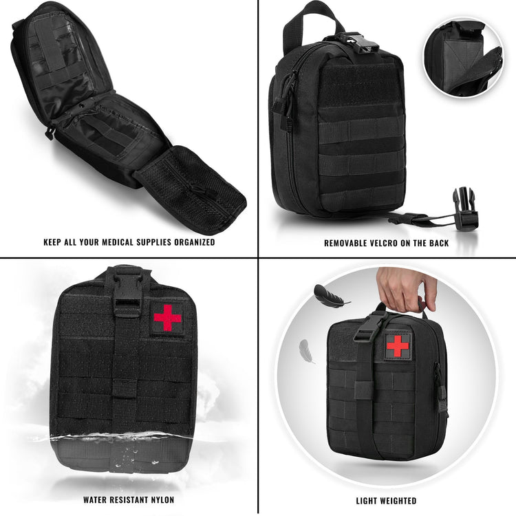 A four-panel feature graphic for a medical pouch, showing the organized interior pockets, the back Molle straps with removable Velcro, the water-resistant nylon exterior, and the top carrying handle.
