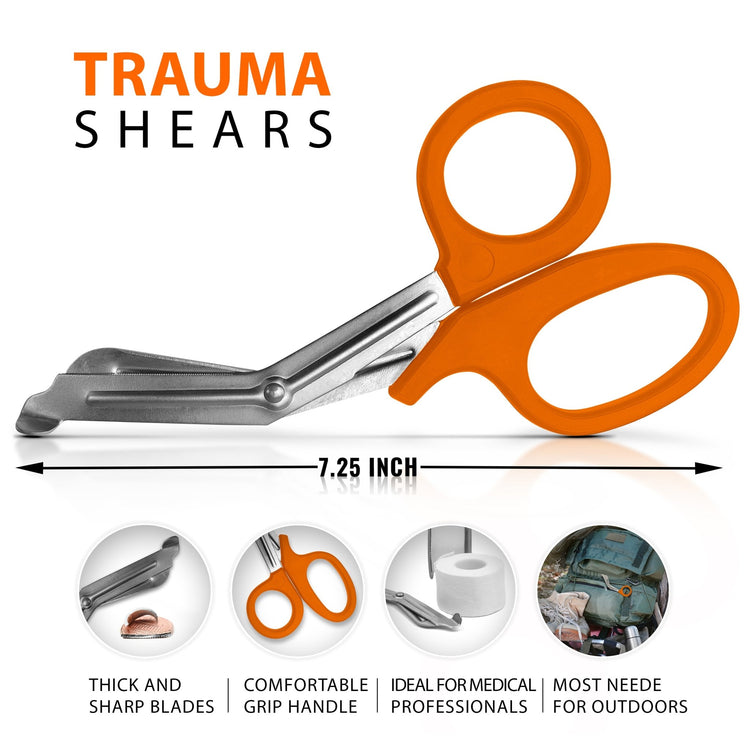 A diagram of orange trauma shears showing a total length of 7.25 inches, accompanied by circular insets demonstrating the sharp blades cutting a penny, the comfortable grip, and their use in outdoor settings.