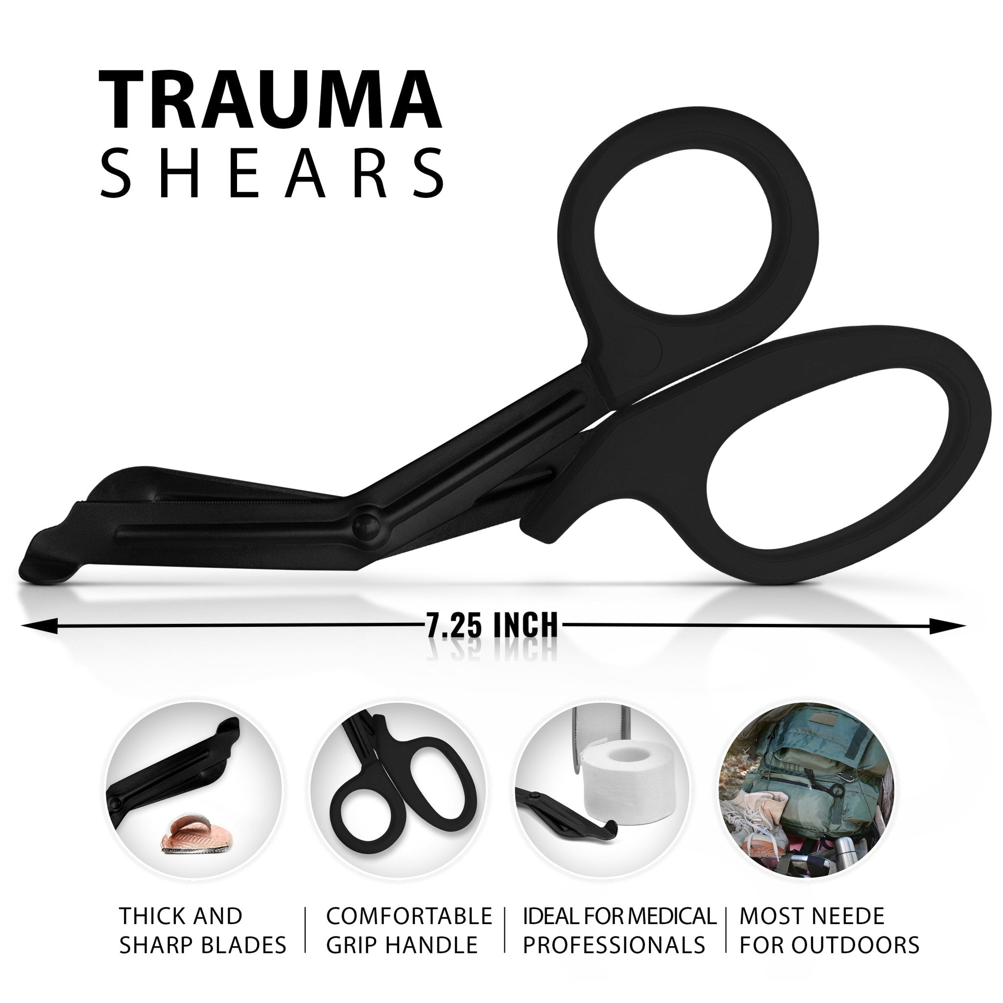 A diagram of black trauma shears showing a total length of 7.25 inches, accompanied by circular insets demonstrating the sharp blades cutting a penny, the comfortable grip, and their use in outdoor settings.