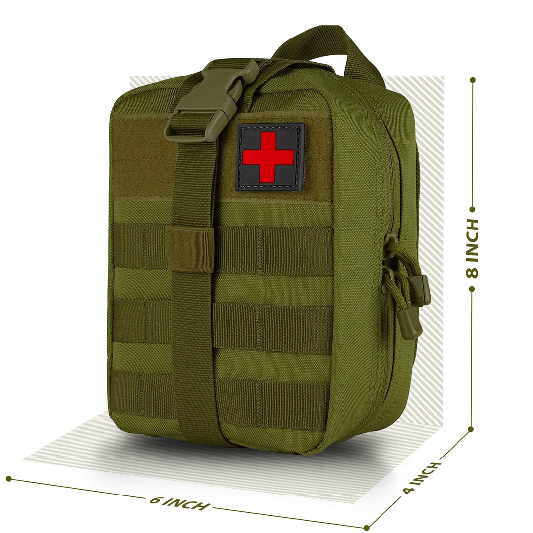 A dimension diagram of the green tactical pouch, indicating measurements of 8 inches in height, 6 inches in width, and 4 inches in depth.