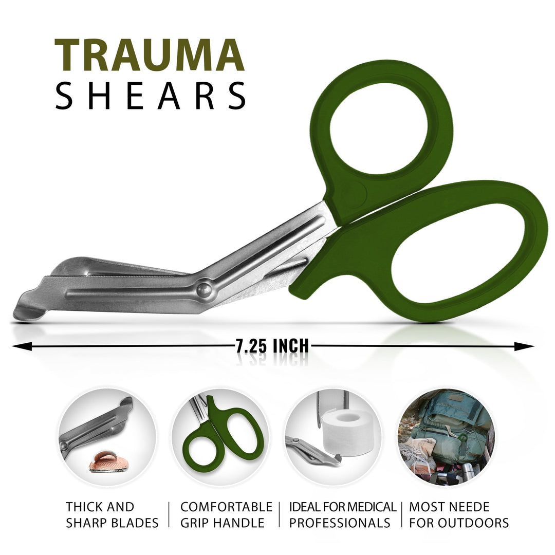 A diagram of green trauma shears showing a total length of 7.25 inches, accompanied by circular insets demonstrating the sharp blades cutting a penny, the comfortable grip, and their use in outdoor settings.