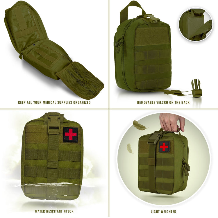 A four-panel feature graphic for a medical pouch, showing the organized interior pockets, the back Molle straps with removable Velcro, the water-resistant nylon exterior, and the top carrying handle.