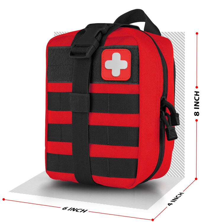 A dimension diagram of the red tactical pouch, indicating measurements of 8 inches in height, 6 inches in width, and 4 inches in depth.