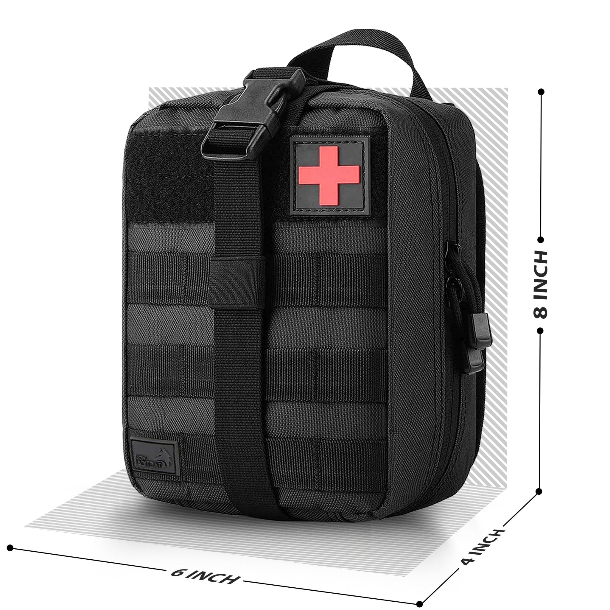 A dimension diagram of the black tactical pouch, indicating measurements of 8 inches in height, 6 inches in width, and 4 inches in depth.