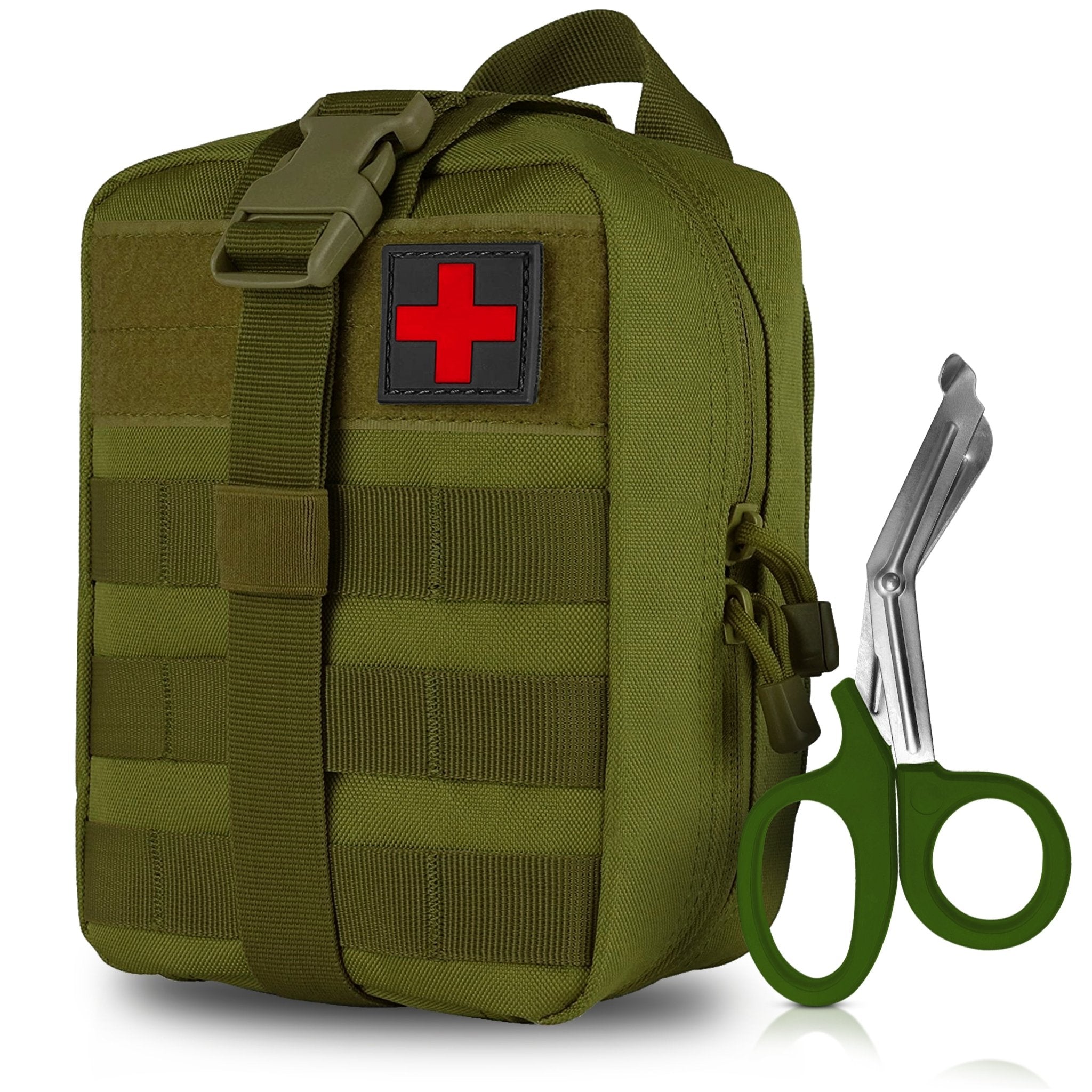 A product shot of a green tactical first aid pouch featuring front Molle webbing and a red cross patch, standing next to a pair of green-handled trauma shears.