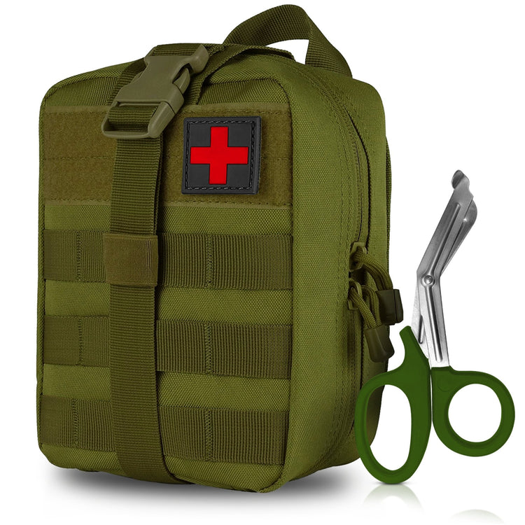 A product shot of a green tactical first aid pouch featuring front Molle webbing and a red cross patch, standing next to a pair of green-handled trauma shears.