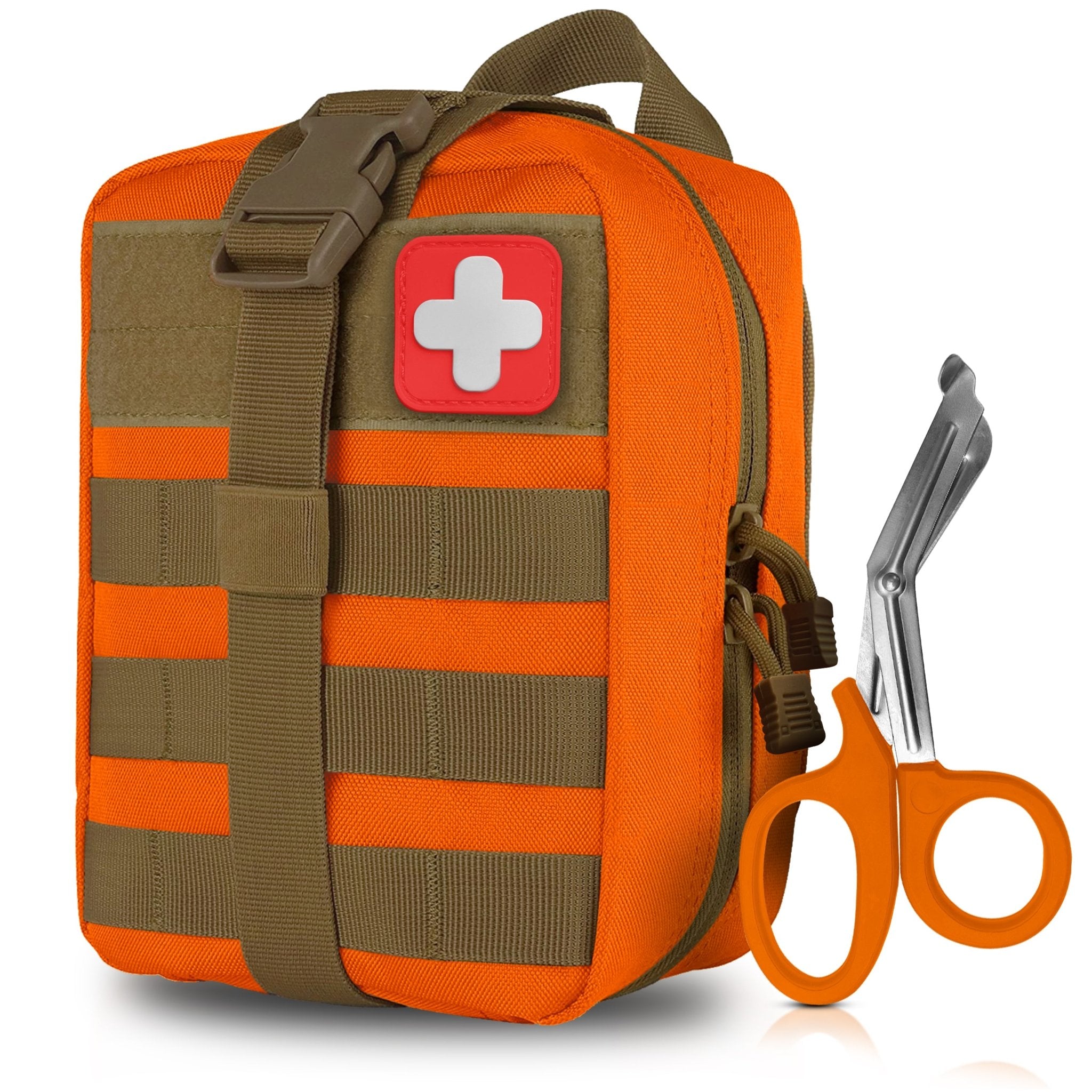 A product shot of an orange tactical first aid pouch featuring front Molle webbing and a red cross patch, standing next to a pair of orange-handled trauma shears.